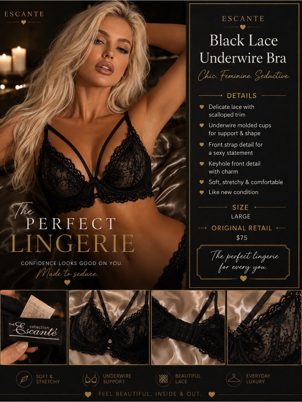 Chic Black Lace Underwire Bra